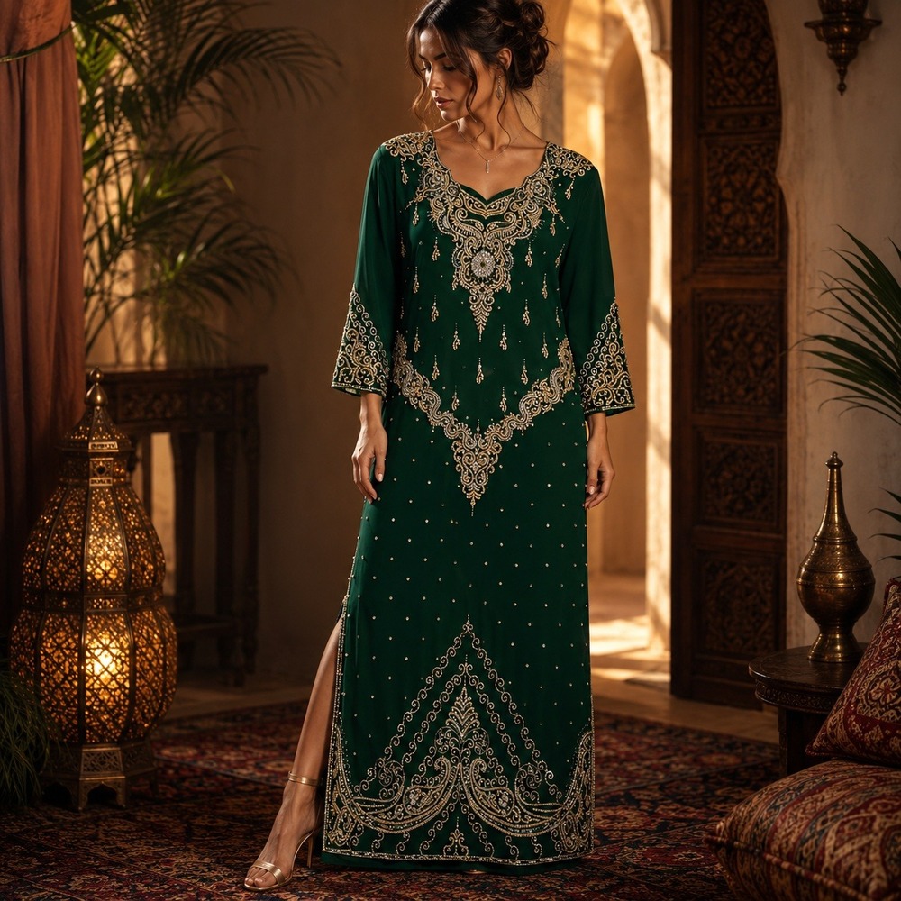 Vintage Emerald Green Beaded Maxi Dress Rhinestone Lace Up Back Size 14